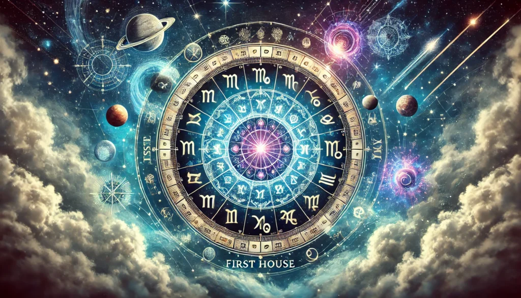 DALL·E 2024-08-08 09.36.46 - An astrological chart with a detailed representation of the First House. The chart should highlight the zodiac signs, planets, and astrologi